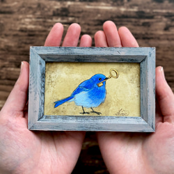 【受注制作】小さな絵画　瑠璃色の鳥②/原画　日本画　かわいい　動物 1枚目の画像