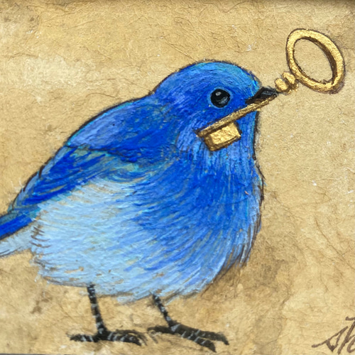 受注制作】小さな絵画 瑠璃色の鳥②/原画 日本画 かわいい 動物