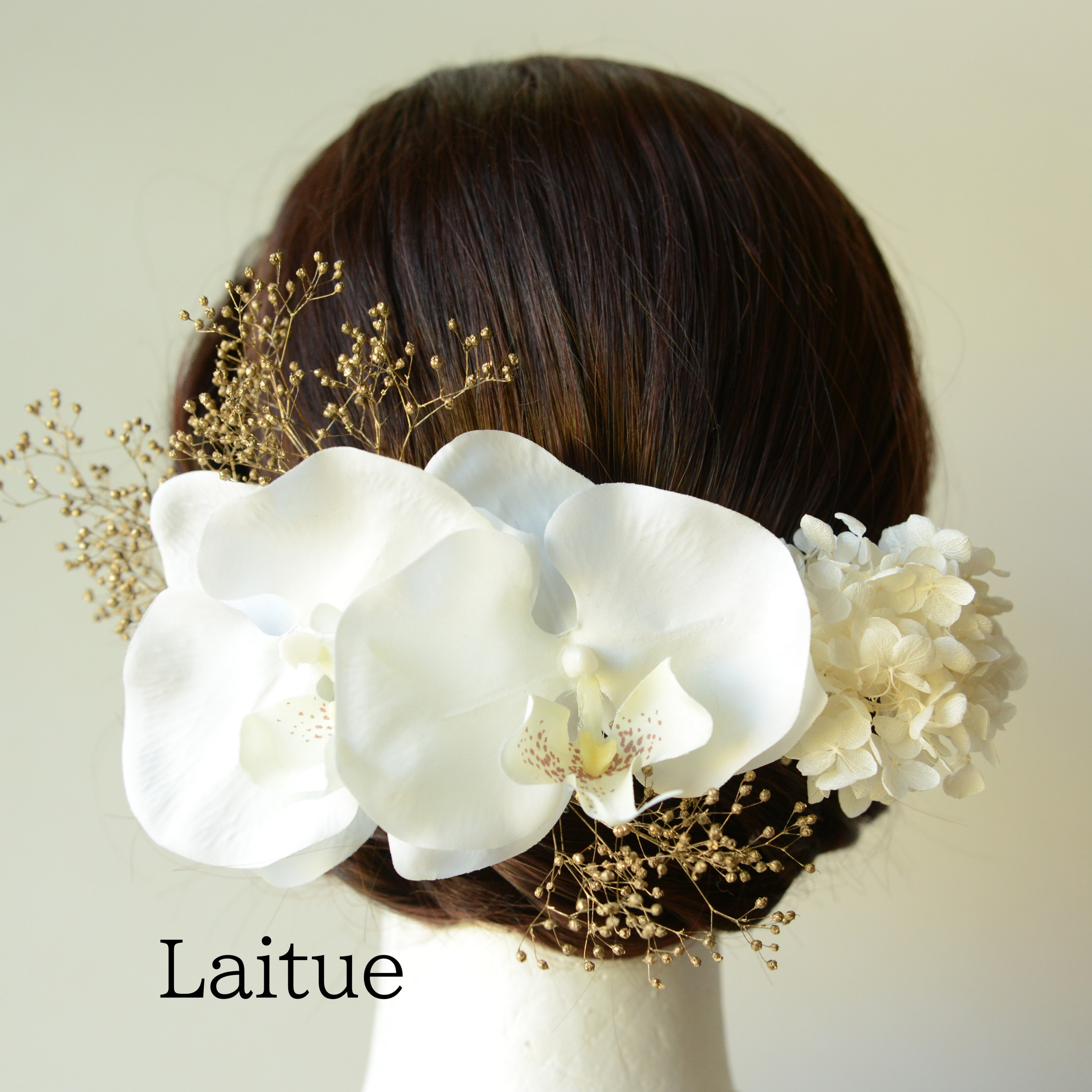 胡蝶蘭2輪とプリザーブドフラワーのあじさい・かすみ草の髪飾