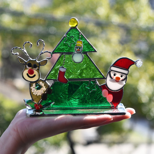 ステンドグラス☆のクリスマスのリース 犬のサンタクロース ステンド