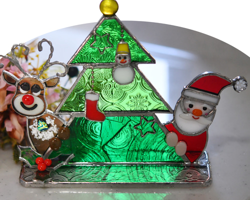 トナカイに乗るサンタクロース ヴィンテージ ステンドグラス