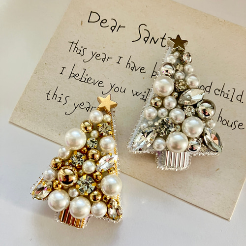 ビーズ刺繍ブローチ クリスマスツリー ゴールド ガラスビジュー×パール