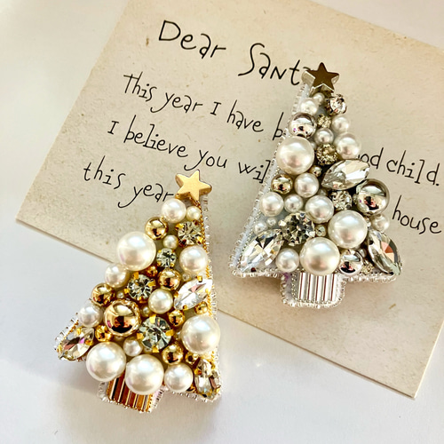 ビーズ刺繍ブローチ クリスマスツリー シルバー ガラスビジュー×パール