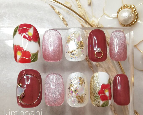 椿ネイル×くすみ赤ネイル【注文時サイズ必須です♡【vol.8くすみ系①