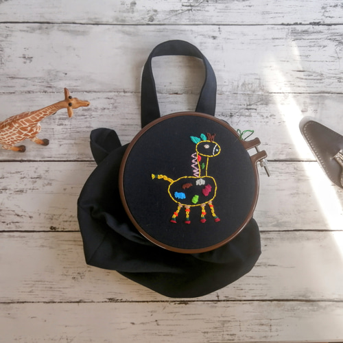 キリンの刺繍 ミニトートバッグ ネイビー 帆布 Sサイズ 手提げ