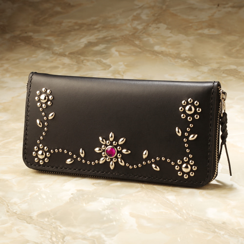 シルバースタッズ ラウンドファスナーウォレット 長財布 OS-LEATHER