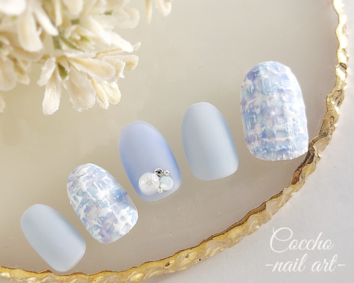 No.142 ジェルネイル ネイルチップ ツイード 青 紫 水色 マット 冬