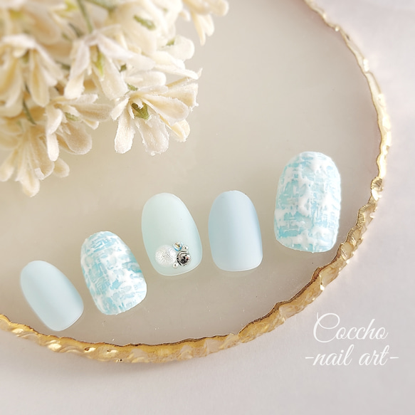 No.143 ジェルネイル ネイルチップ ツイード 水色 ビジュー 冬 パール