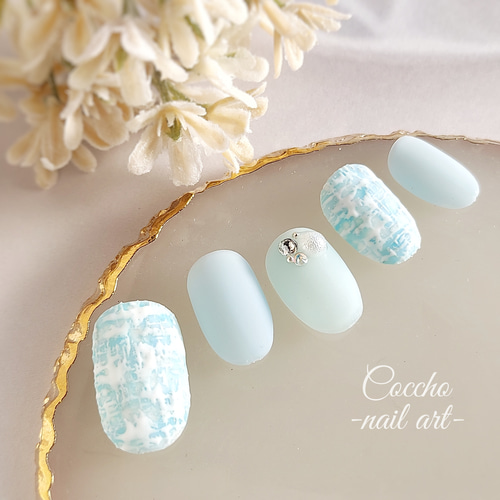 お急ぎ便B♥ ネイルチップ 水色ネイル メンカラネイル ツイード フレンチ ネイルチップ 水色 青 ストーン ツイード 韓国 ガーリー - S nail