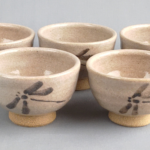 汲み出し茶碗 透明釉 トンボ絵 五客組 【商品番号：00049