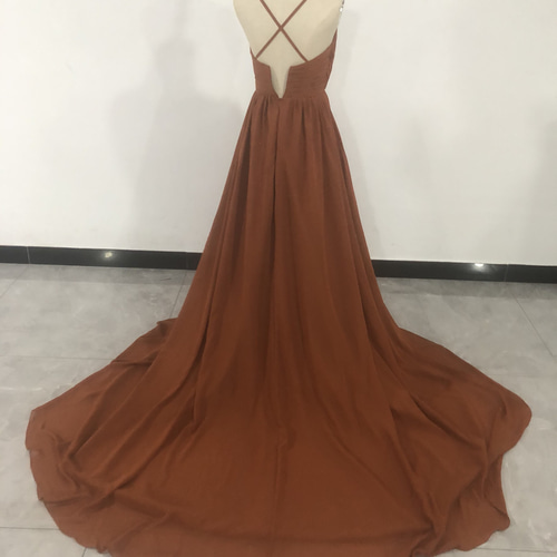 ふんわりシフォン製 テラコッタカラードレス Vネックドレス