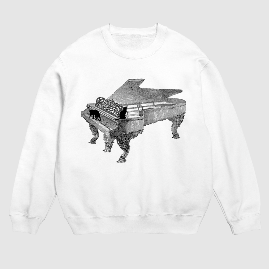 ピアノと黒猫のスウェット(白/裏パイル)