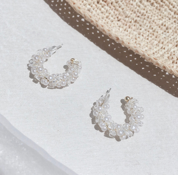 【送料無料♪】Perl and Crystal water flowers hoop pierce　No.1404 12枚目の画像