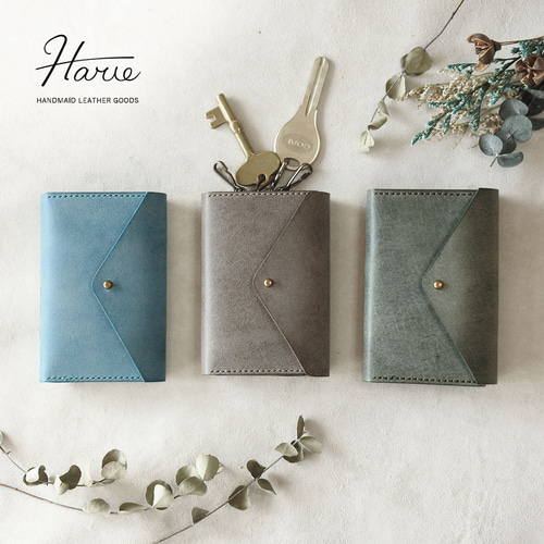 カードが入る本革コンパクトキーケース ☆グレー/グリーン/ブルー