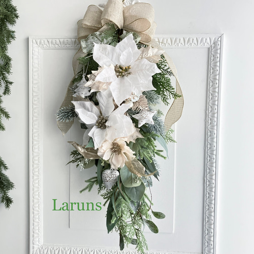 白ゴールドのポインセチアのクリスマススワッグ(特Lｻｲｽﾞ)ｱｰﾃｨﾌｨｼｬﾙﾌﾗﾜｰ