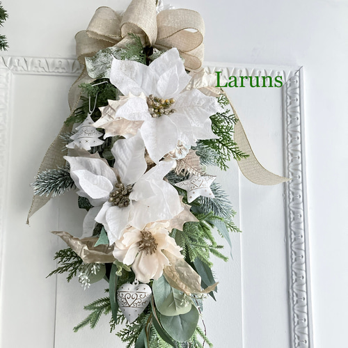 白ゴールドのポインセチアのクリスマススワッグ(特Lｻｲｽﾞ)ｱｰﾃｨﾌｨｼｬﾙﾌﾗﾜｰ
