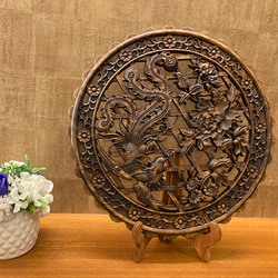 鳳凰牡丹40㎝　大型円型彫刻（アンティーク調） 壁掛け金具・台座付き 1枚目の画像