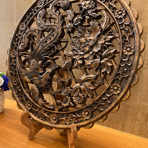 鳳凰牡丹40㎝ 大型円型彫刻（アンティーク調） 壁掛け金具・台座付き