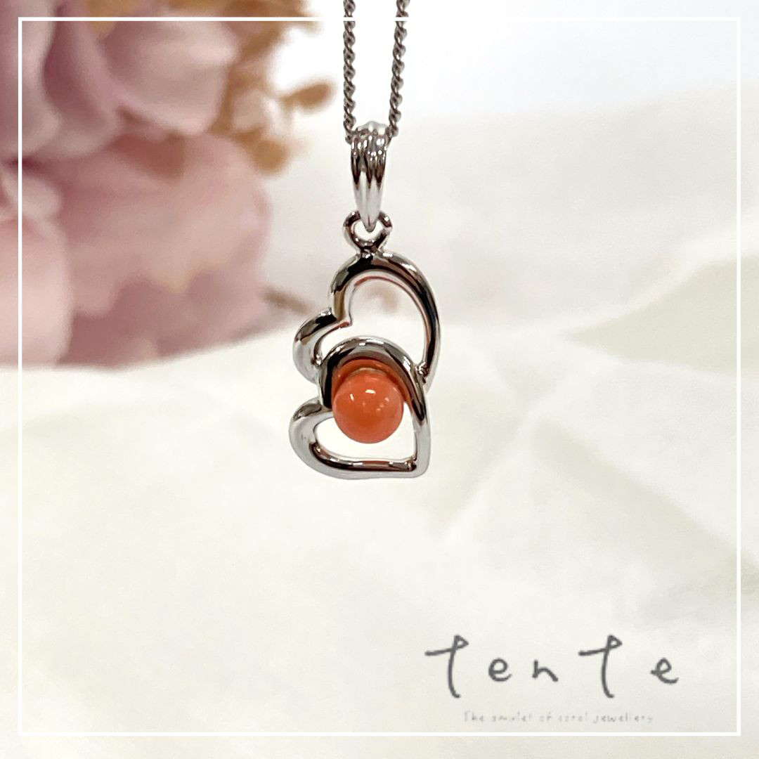 【シルバーコーラルジュエリー】ピンクサンゴ ダブルオープンハートペンダント 宝石珊瑚 ｎ007