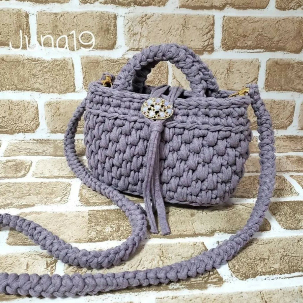 《SSサイズ》ライラックメランジェ ロシアヤーン ポコポコ模様編みミニバッグ&えび編み