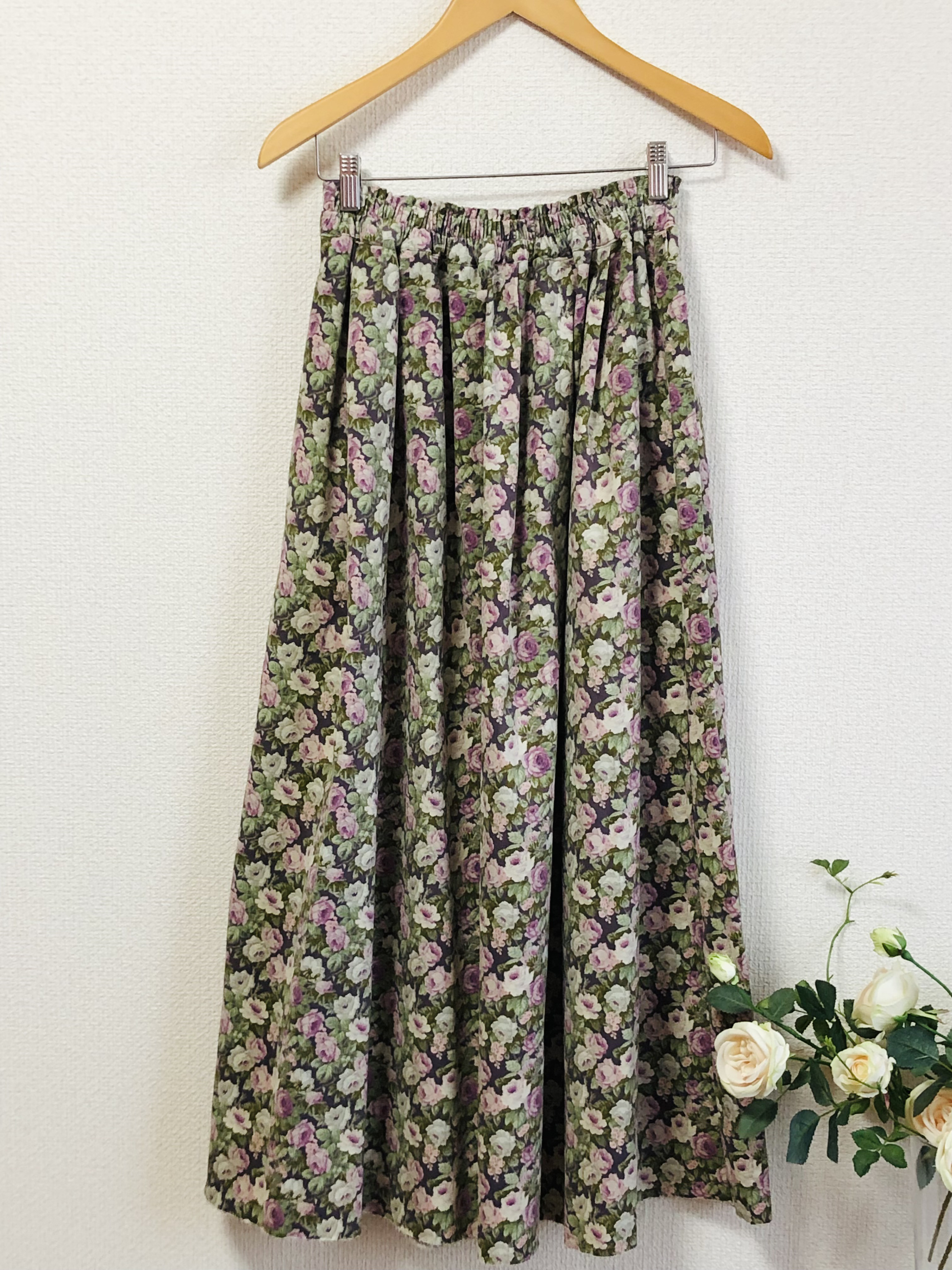 vintage 花柄 ロングスカート コーデュロイ マキシ丈 YUWA✳︎花柄コーデュロイタックギャザースカート ロング