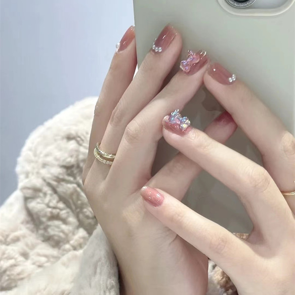 【2022.11新作♥即日発送】韓国ファッション　3Dクマ♥パール　血色ピンク　ネイルチップ　つけ爪　-3147 3枚目の画像