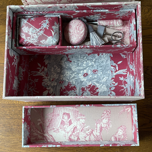 カルトナージュ裁縫箱 ピンクの裁縫箱です 裏地も赤桃色で
