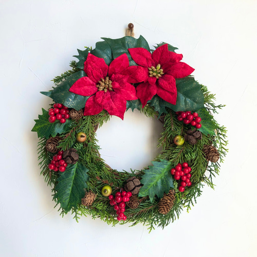 クリスマスリース】ポインセチアとヒイラギのクリスマスリース リース