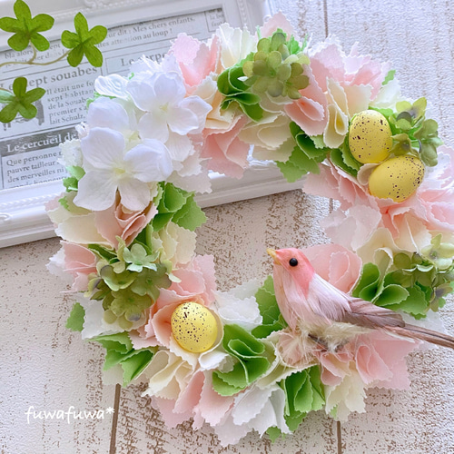 小鳥とお花の布リース 〜春〜 たまごと鳥さん♡ イースター ご出産祝い  