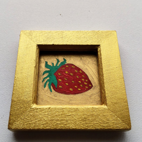 8㎝角「苺」原画・油彩絵画・壁掛け・独立スタンド付き その他アート  