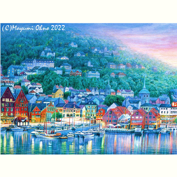 北欧額457mm☆アメリカで版画化☆ノルウェー ベルゲン ヨーロッパ 風景