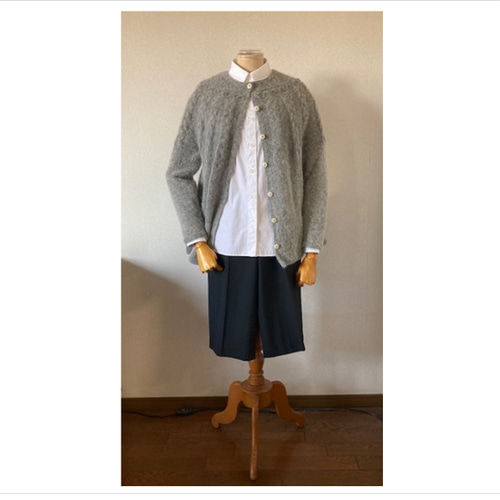 ケーブル編み 丸ヨークカーディガン グレーメランジ カーディガン