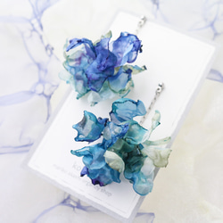線香花火　浅葱と群青｜ブルー系オーガンジーのゆれるチェーン花ピアス 8枚目の画像
