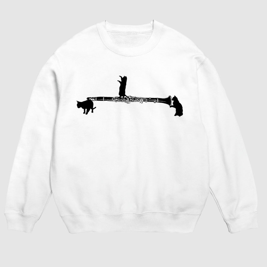 クラリネットと黒猫のスウェット(白/裏パイル)