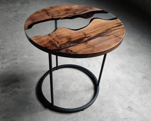 年末特別セール！レジンテーブル/プレミアムグレー/サークル/ハンドメイド/一点物 レジンテーブル/プレミアムグレー/サークル/リバーテーブル