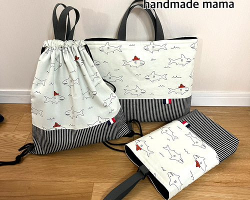 ハンドメイド★入園入学6点セット　サメサメシャーク　ミニハンカチプレゼント ee036bc96c5c3fbae09fe06c0400d3