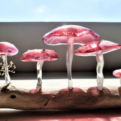 ガラスのキノコ　置物　オブジェ　シロ粒ピンク5本 2枚目の画像