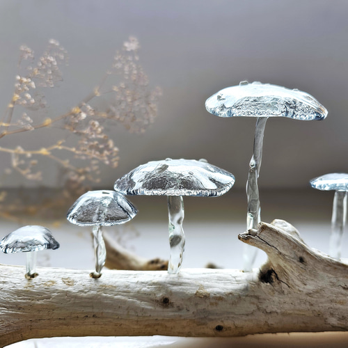 ガラスのキノコ 置物 オブジェ シロ粒黒5本 立体・オブジェ スタジオ