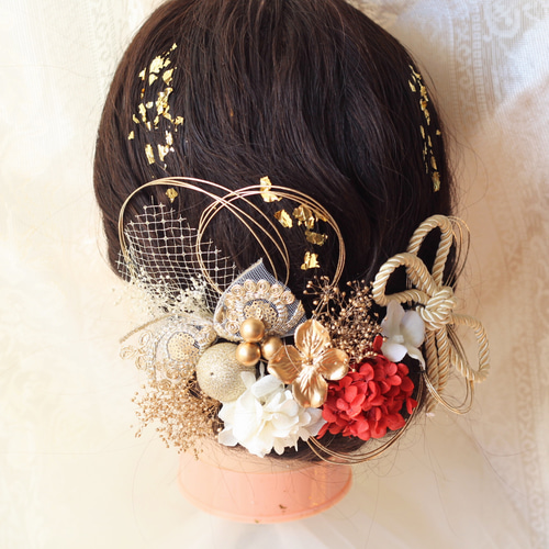 刺繍リボン♡ドライフラワー☆ヘッドパーツ 水引 成人式 卒業式 髪飾り 