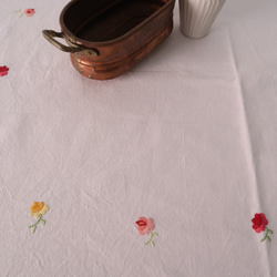 フランスの手仕事/マダムとムッシュのティータイム手刺繍 大判サイズ生地 テーブルクロス (ヴィンテージ) 5枚目の画像