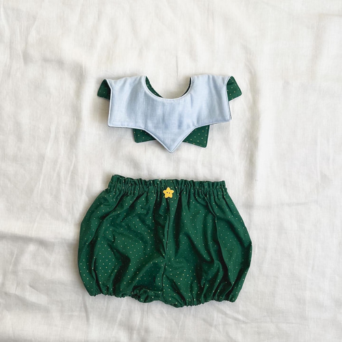 かぼちゃパンツ/ 星形スタイ 2点セット 華やかな緑のドット柄【80