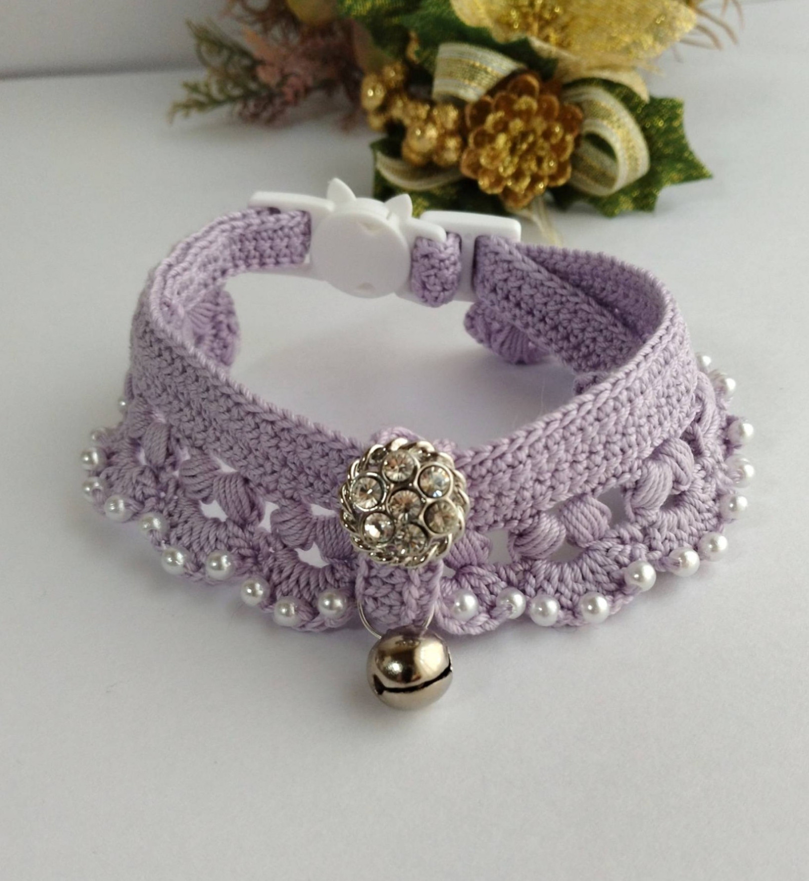 猫の首輪 ペットの首輪 レース＆リボン フラワーモチーフ ミルクティー  