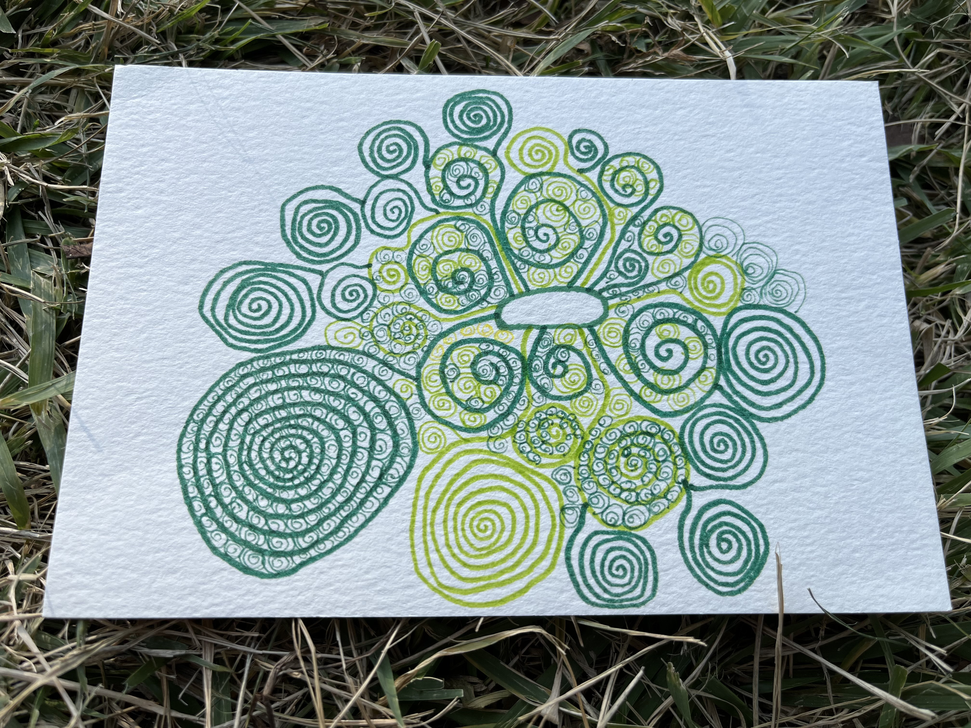 ぐるぐるアート　妖精の森　夏のこもれび　ボールペン画　アナログイラスト　て書き