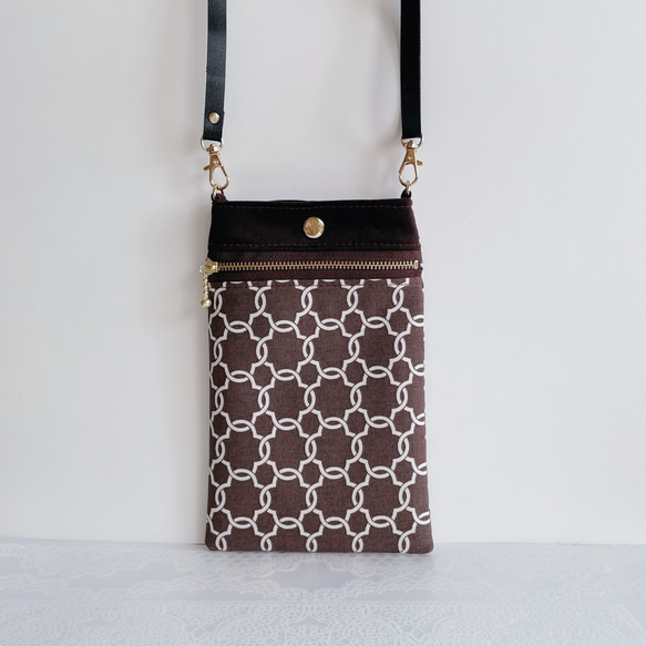 スマホショルダー/チェーンモロッカン柄×ダークブラウン/ポシェット ポーチ/ショルダーストラップ 長さ調整可◎/ギフト 3枚目の画像