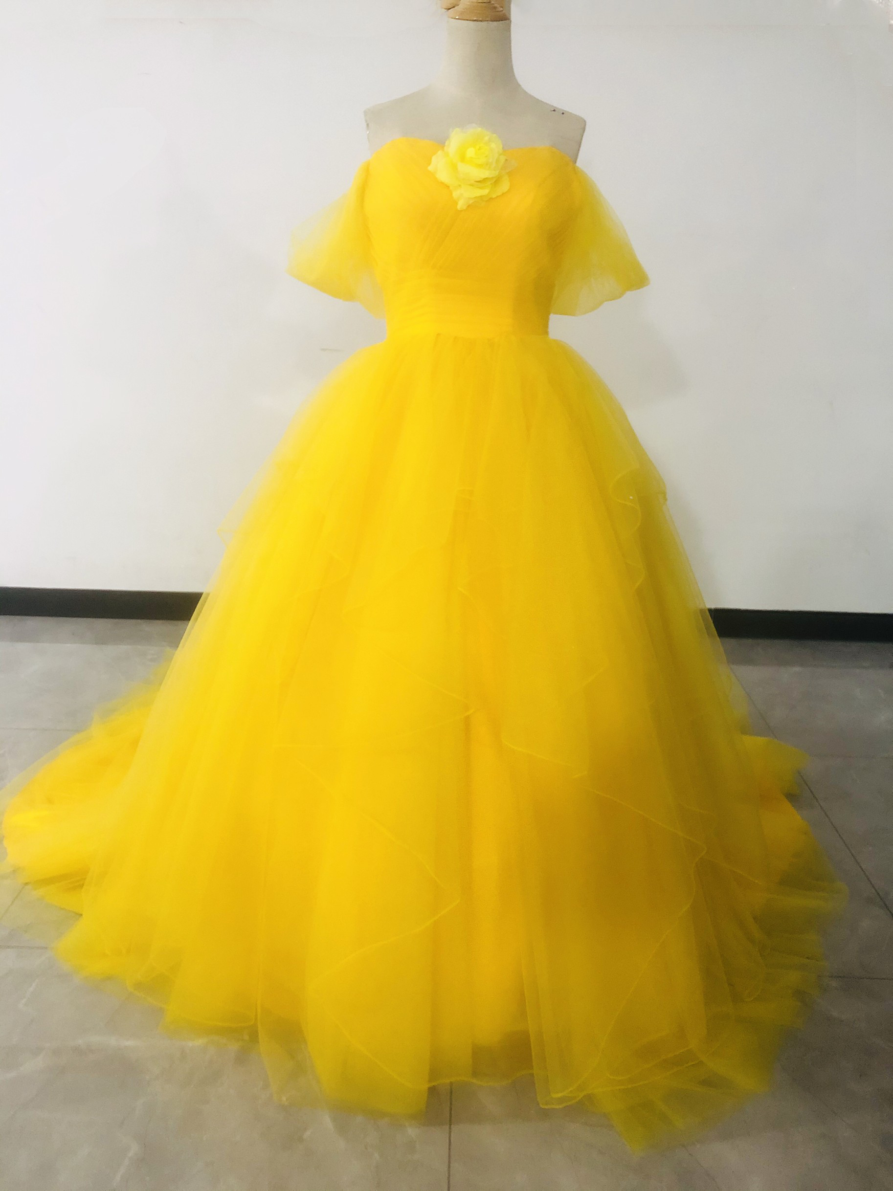 カラーチュールドレス さわやかなクロムイエローレモンー バラ 3ways 取り外しオフショルダー+サッシュベルト 結婚式