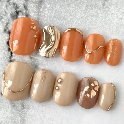 ネイルカラー オレンジ ベージュ ブラウン系 まとめ売り オレンジとベージュのニュアンスネイル クリアブラウン ミラーネイル