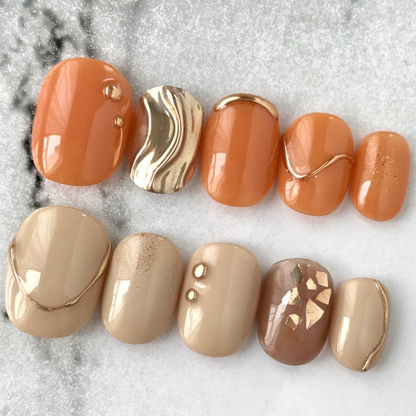 オレンジとベージュのニュアンスネイル クリアブラウン ミラーネイル  