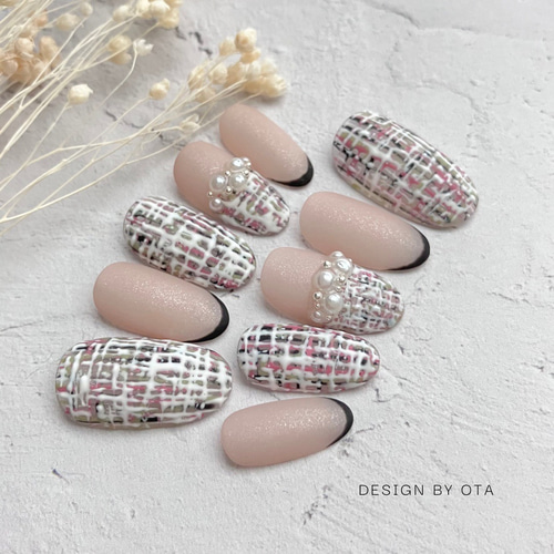 SALE ネイルチップ くすみピンク ツイードネイル マットネイル