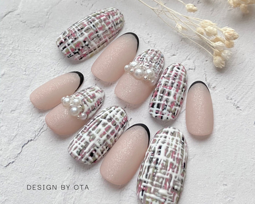 SALE ネイルチップ くすみピンク ツイードネイル マットネイル