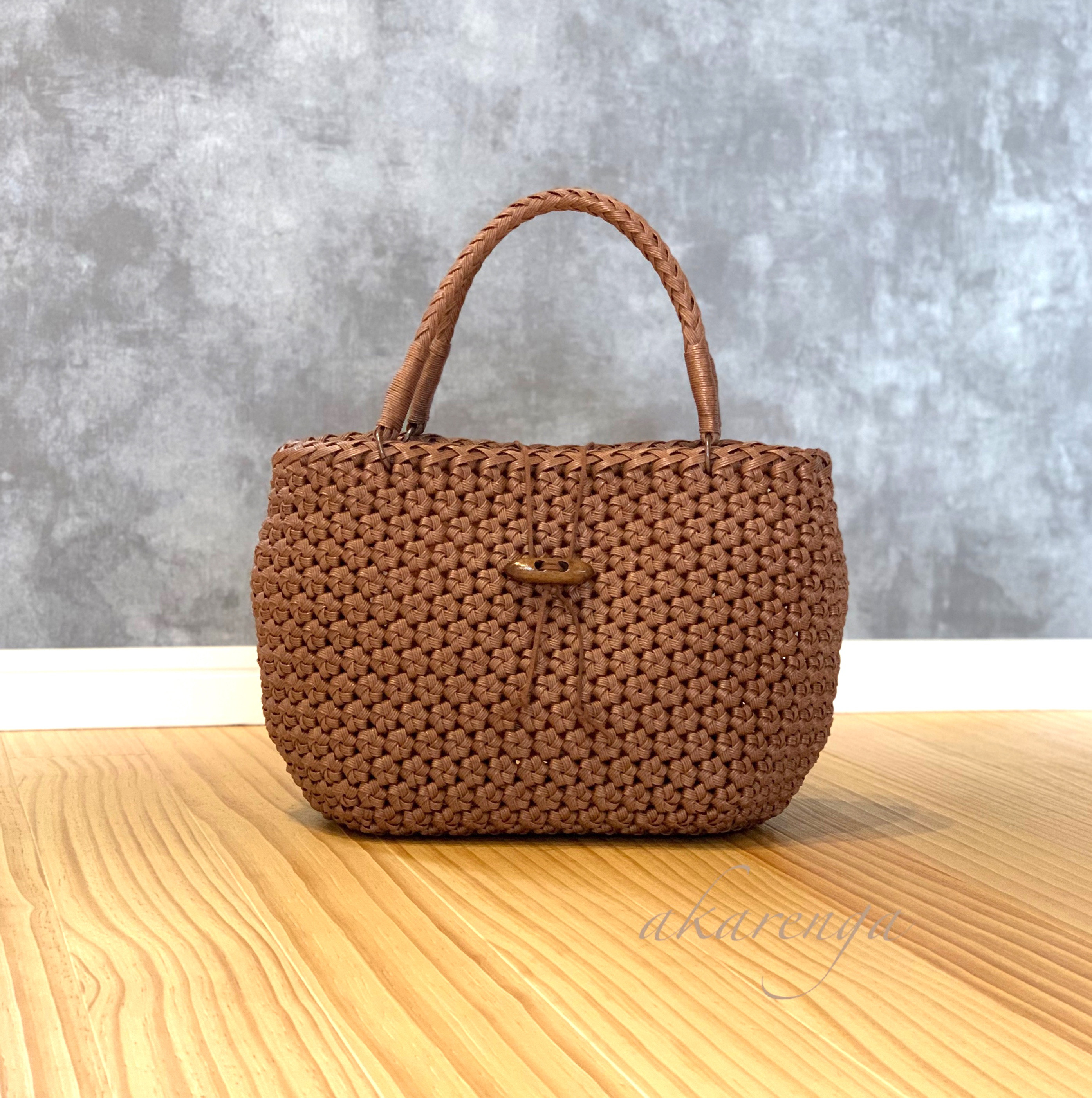 《受注制作》花むすび編みのかごバッグ （茶）内ポケット・ボタン付き